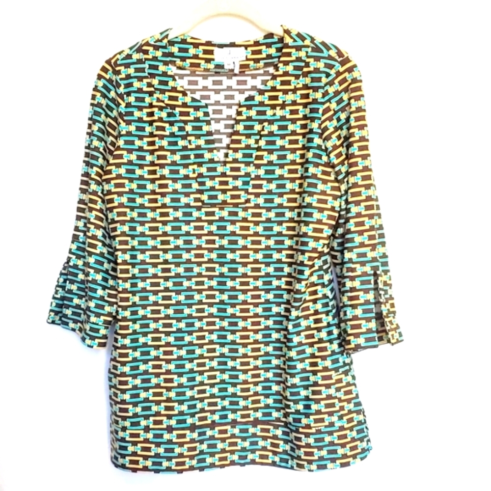 Jude Connally Chainlink Tunic Top Brown Teal Pattern Medium